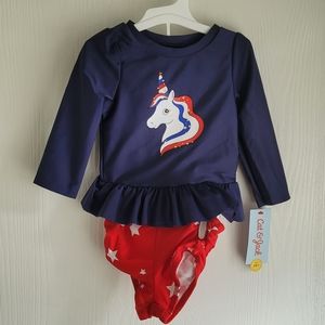 Cat & Jack Rashguard 2 PC Set Shirt & Panties Swimsuit Sz 18M Unicorn July 4th